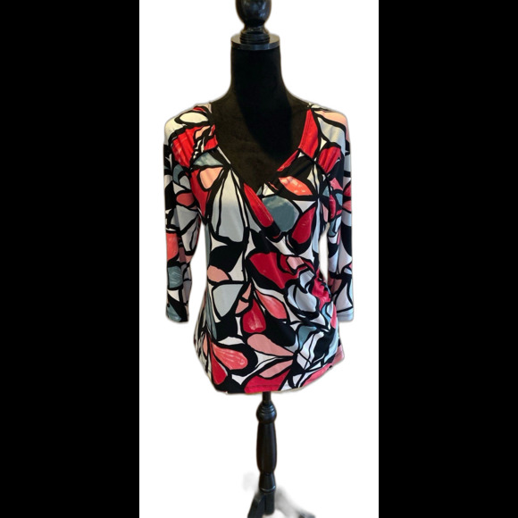 AB Studio Faux Wrap Blouse Plus Size XL Top Abstract Pattern Pink Gray + Stretch - Picture 2 of 12
